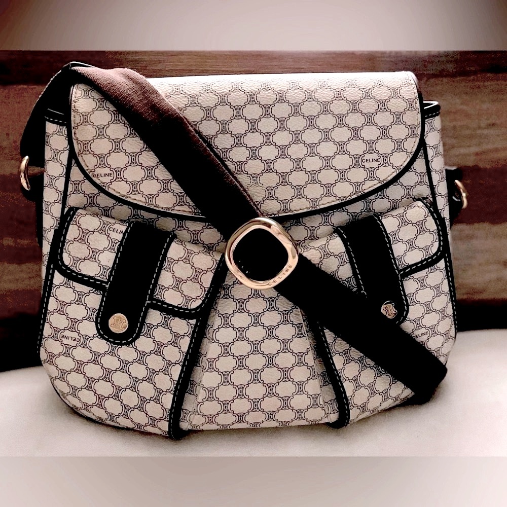 Celine Vintage Macadam PVC Leather Trim With Dark Brown Adjustable Strap VGC - Picture 1 of 11